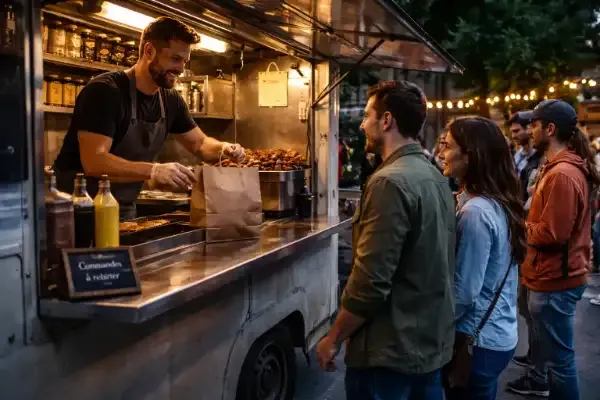 Clients devant un food truck au moment du retrait des commandes