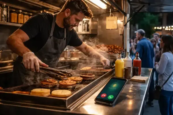 G&eacute;rant de food truck en plein service du soir avec un t&eacute;l&eacute;phone qui sonne