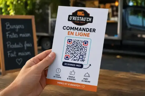 Flyer papier de restaurant avec QR code pour commander en ligne