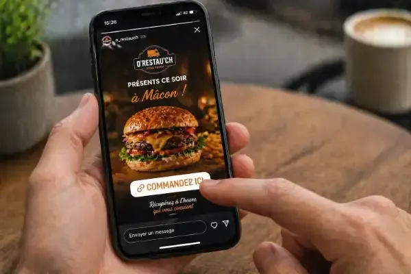 Story Instagram de restaurant avec photo de plat et bouton de commande