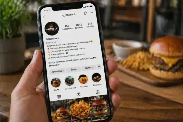 Profil Instagram de restaurant avec lien de commande dans la bio