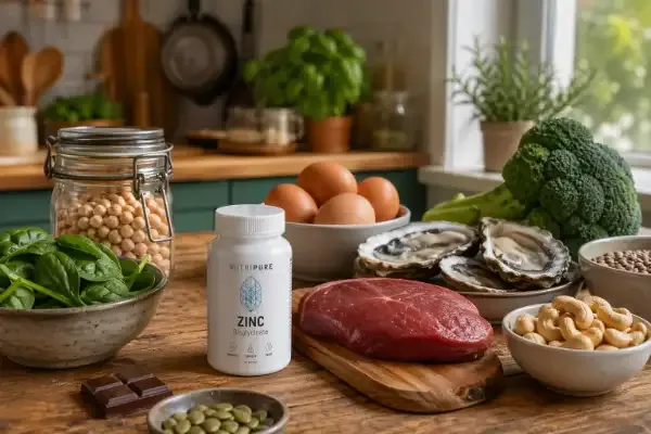 Plusieurs aliments naturellement et compl&eacute;ments riches en zinc