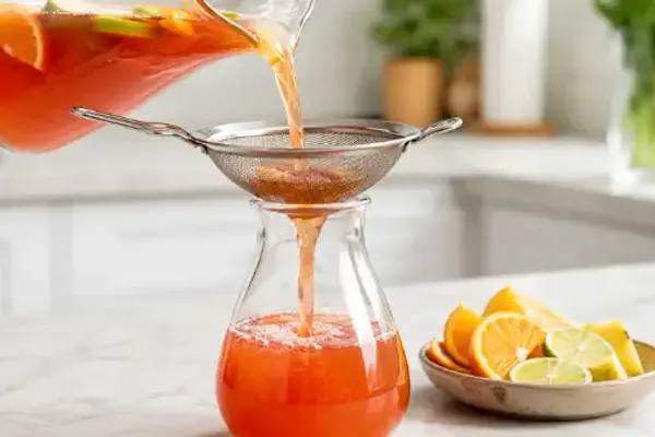 Punch maison filtré avant d'être conservé au réfrigérateur