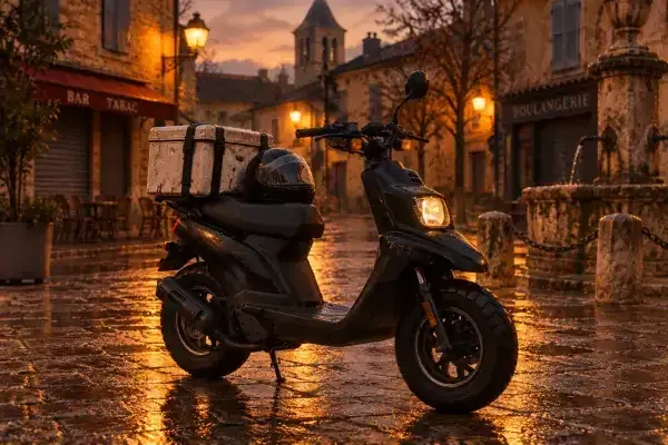 Un scooter de livraison &agrave; l'arr&ecirc;t au cr&eacute;puscule, casque pos&eacute; sur la selle, personne autour