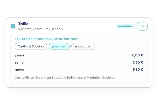 Une option d&eacute;pli&eacute;e dans la fiche produit, avec le s&eacute;lecteur de variante et ses tarifs