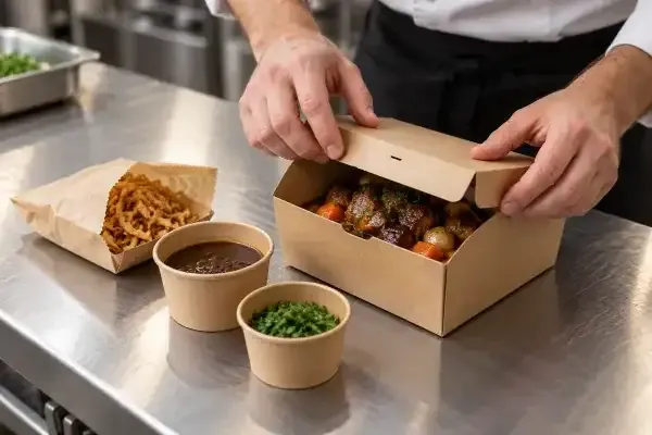Plat à emporter conditionné avec la sauce et la garniture dans des contenants séparés