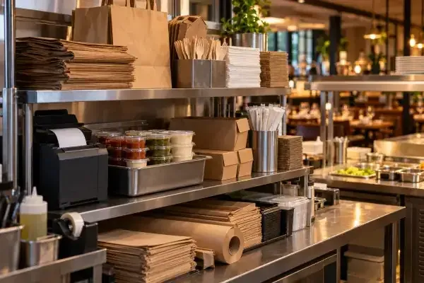 Poste d'emballage rangé dans la cuisine d'un restaurant, à l'écart du passe